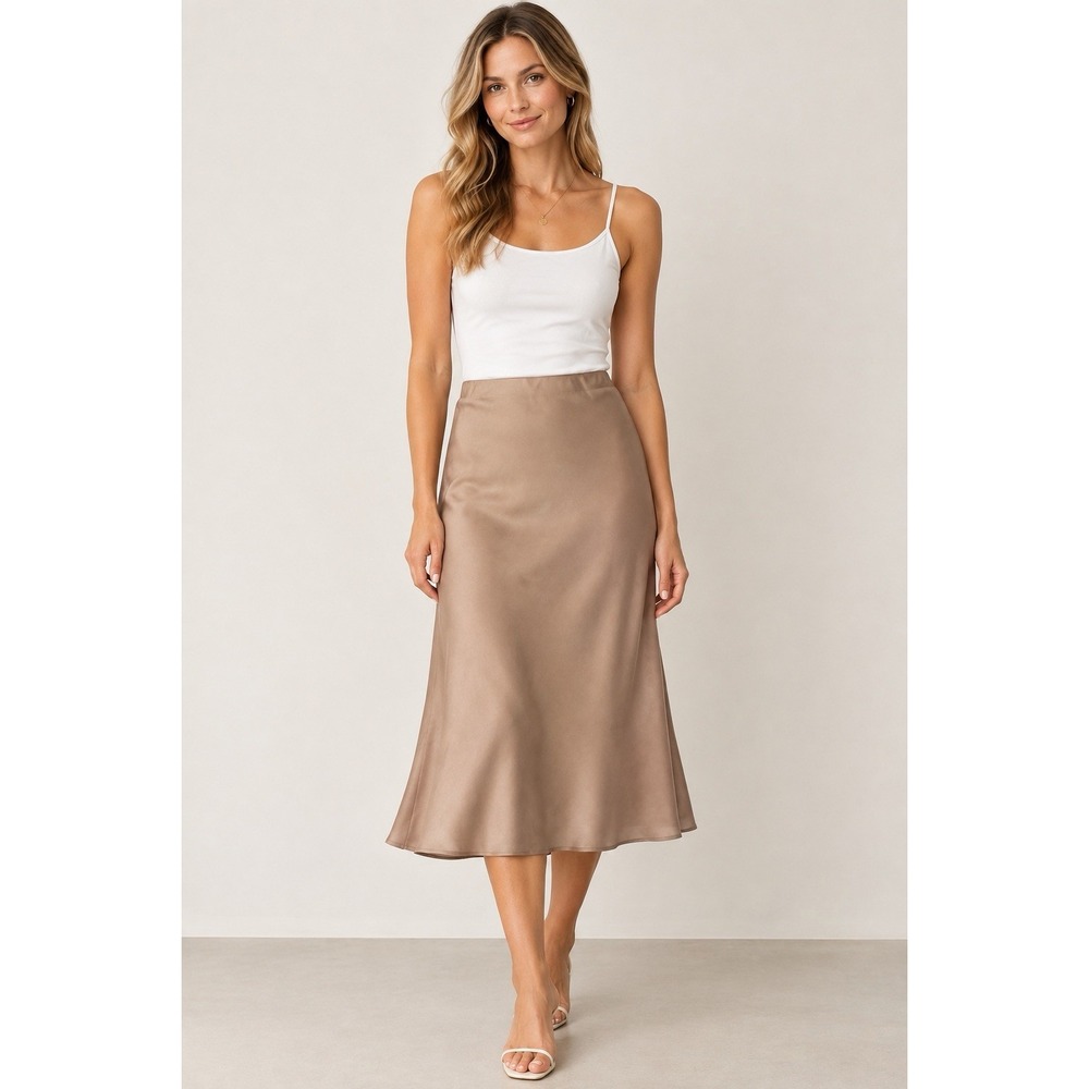 BRIT.NY Women's Mauve Beige Satin A-Line Midi Skirt Pull-on Elastic waist Size L